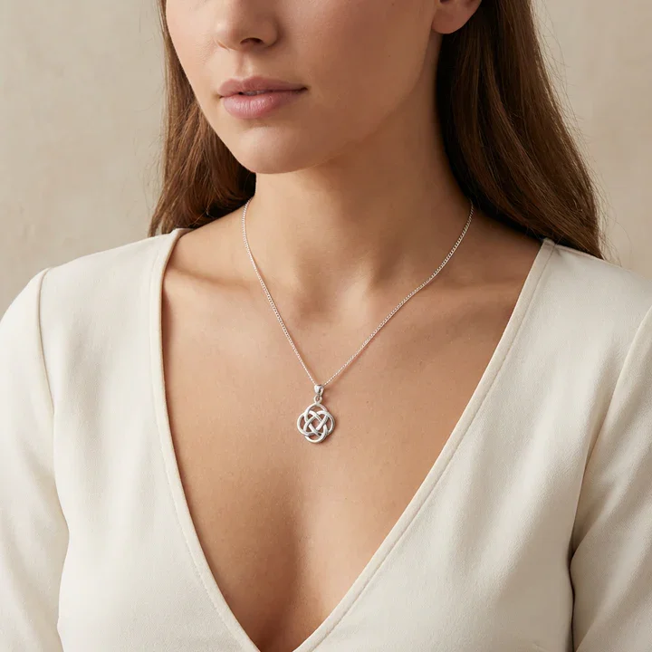 Sterling silver Celtic knotwork round pendant shown on model at neckline giving scale