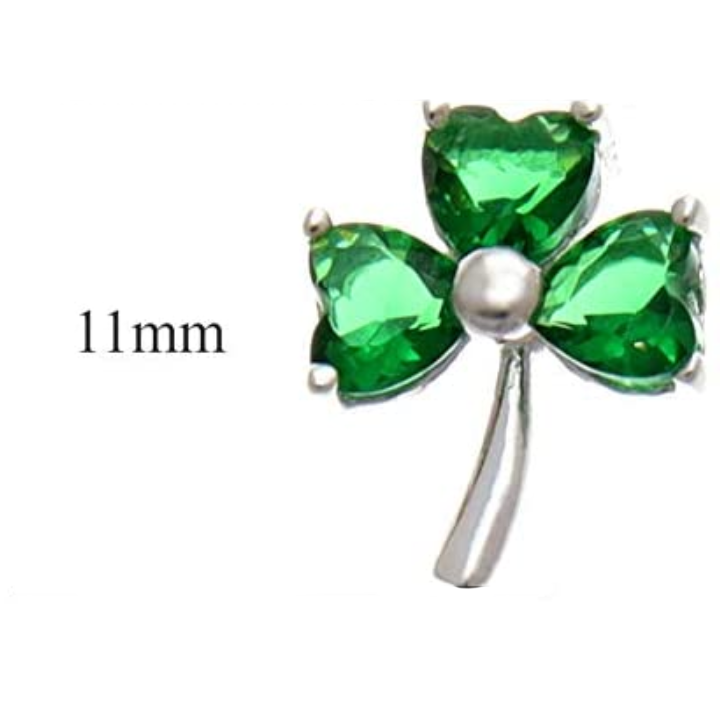 Sterling Silver Celtic Shamrock Stud Earrings, heart-cut green CZ claw set, three-lobe design, push back fitting, product dimensions shown, height 11mm