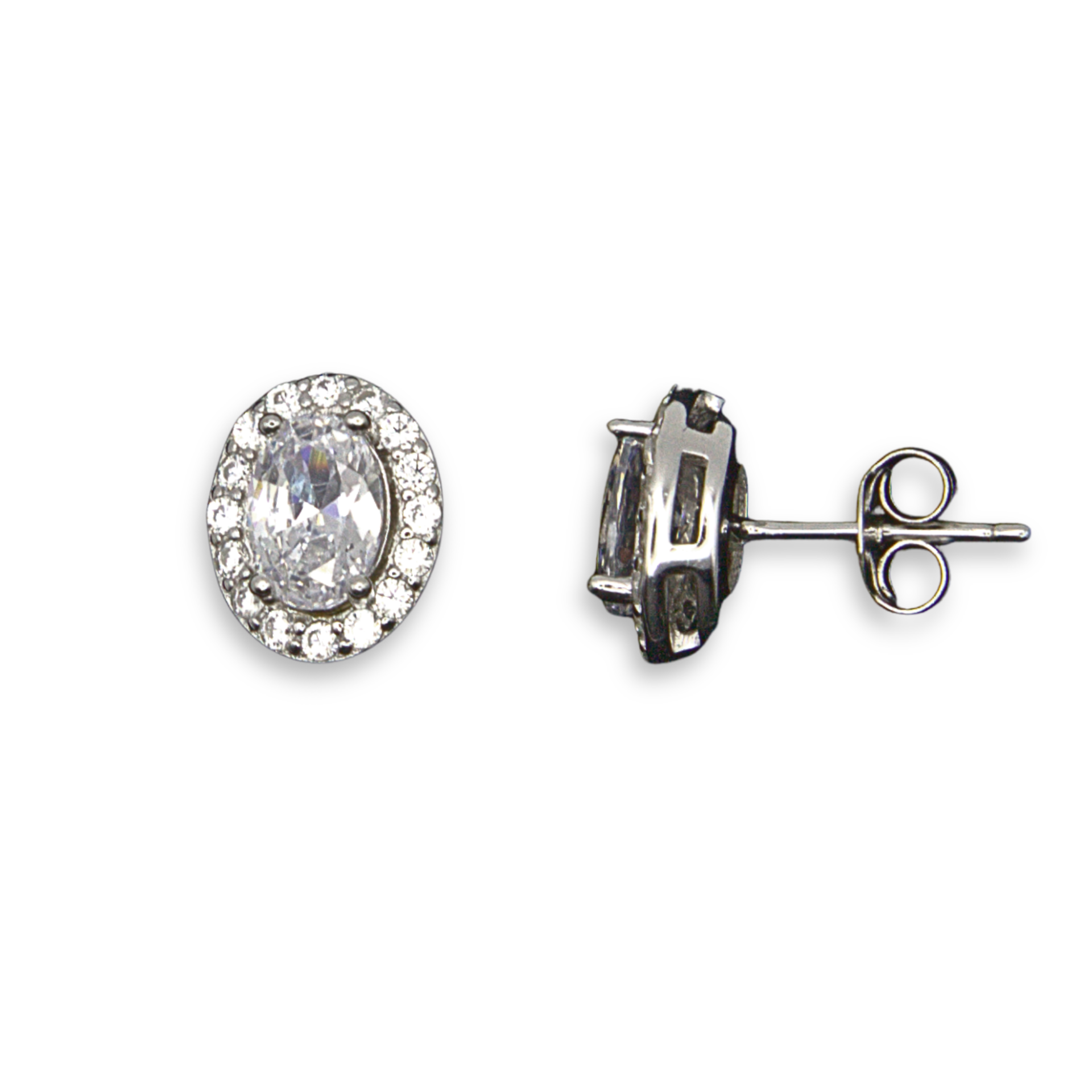 Sterling Silver Oval Halo Stud Earrings, Pave-Set CZ