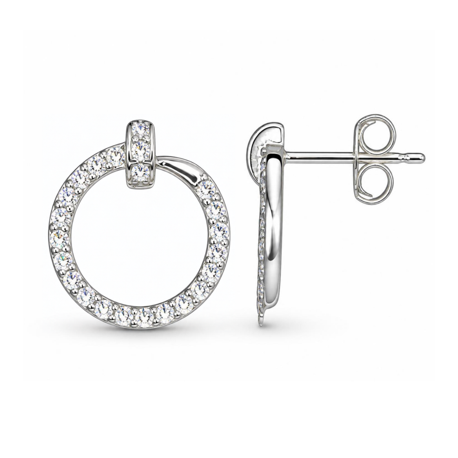Sterling Silver Open Circle Stud Earrings, Pave-Set CZ