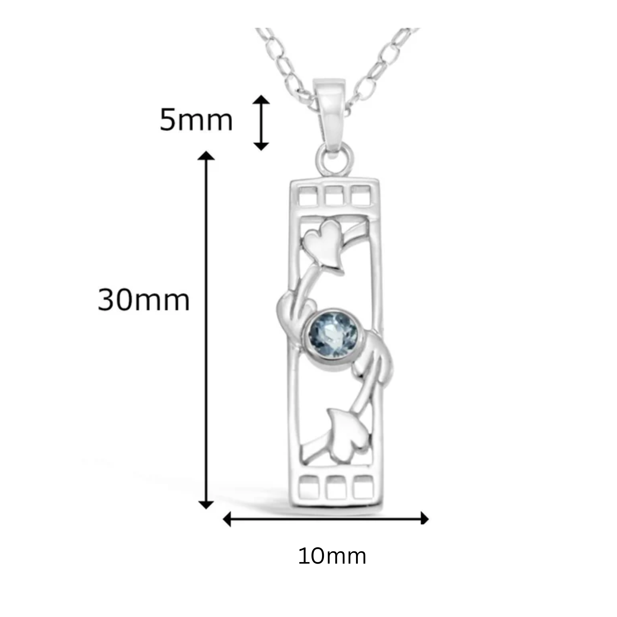 Sterling Silver Mackintosh column pendant with blue topaz. Grid details, botanical stem and heart-shaped leaves, product dimensions shown, 10mm width by 30mm height, bail height 5mm