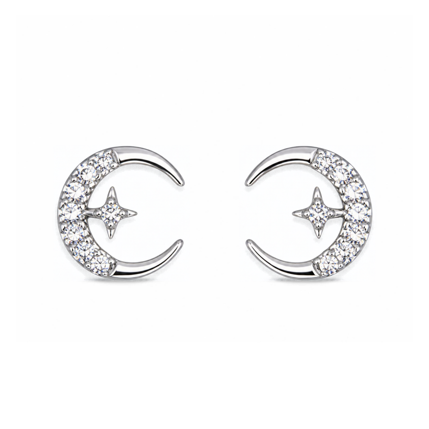 Silver Donna Ricardo Crescent Moon and Star Stud Earrings (DRE9020)