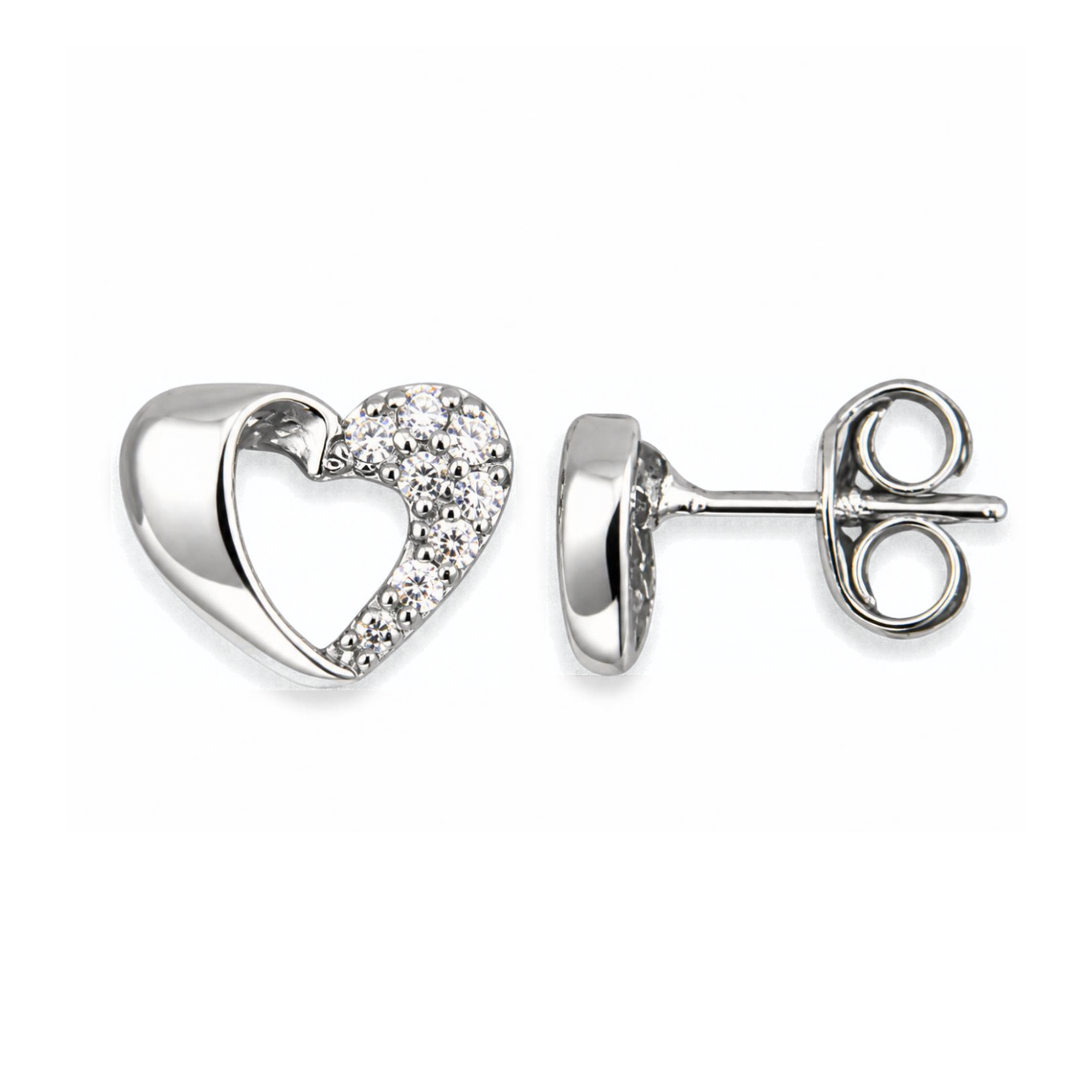 Sterling Silver Split Heart Stud Earrings, Half Pave-Set CZ
