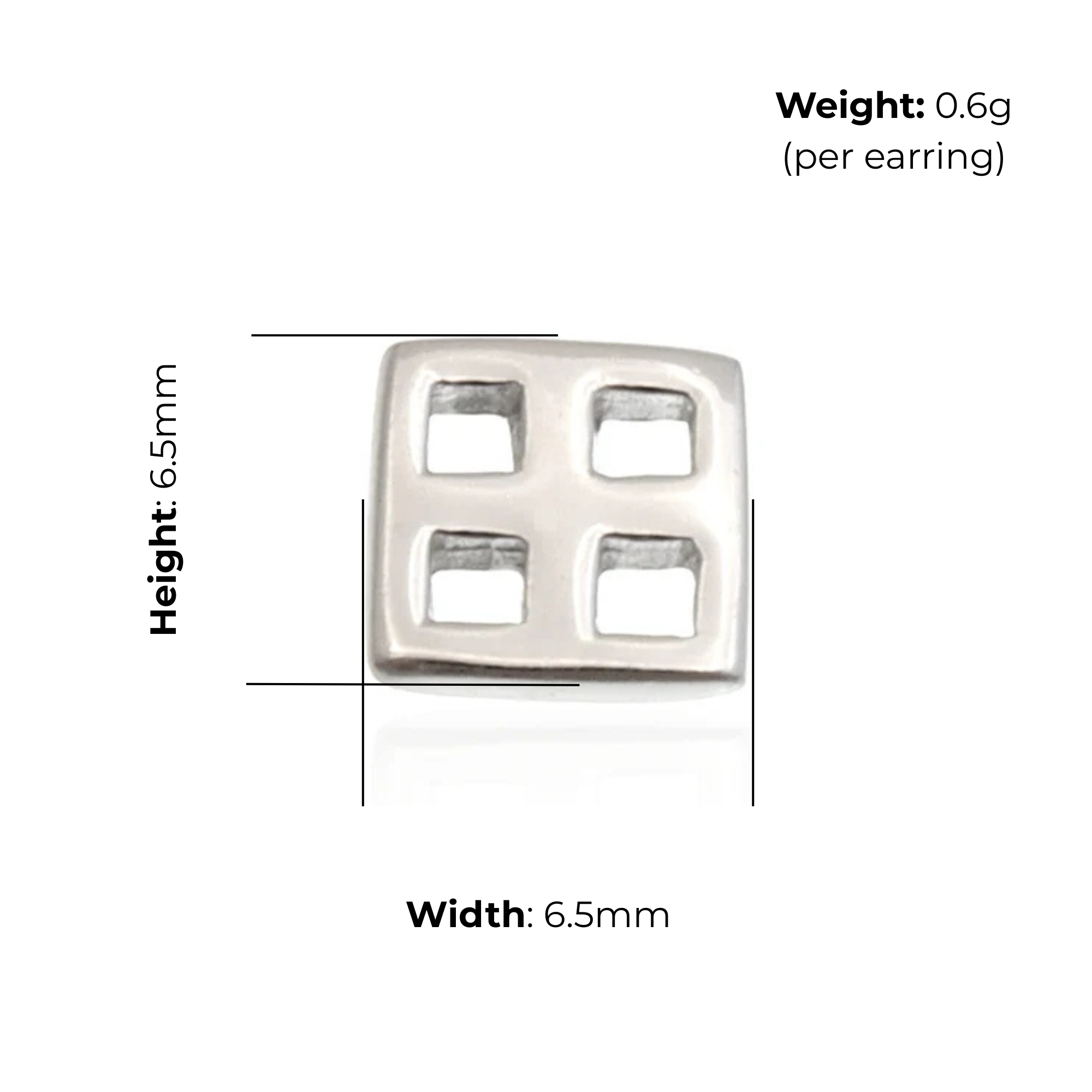 Sterling Silver Charles Rennie Mackintosh Square Stud Earrings, geometric grid design, product dimensions shown, width 6.5mm, height 6.5mm, weight 0.6g per earring