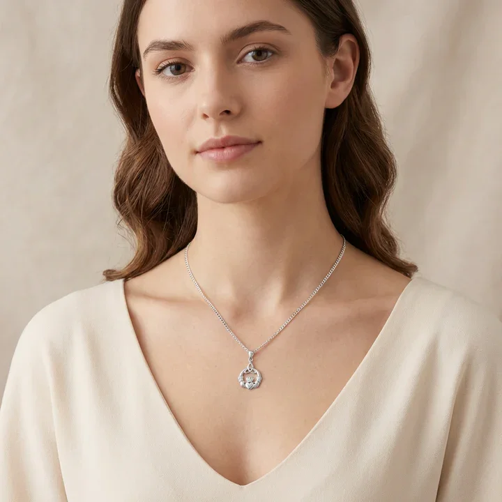 Sterling Silver Claddagh & Trinity Knot Pendant, high mirror polish, shown on model at neckline giving scale