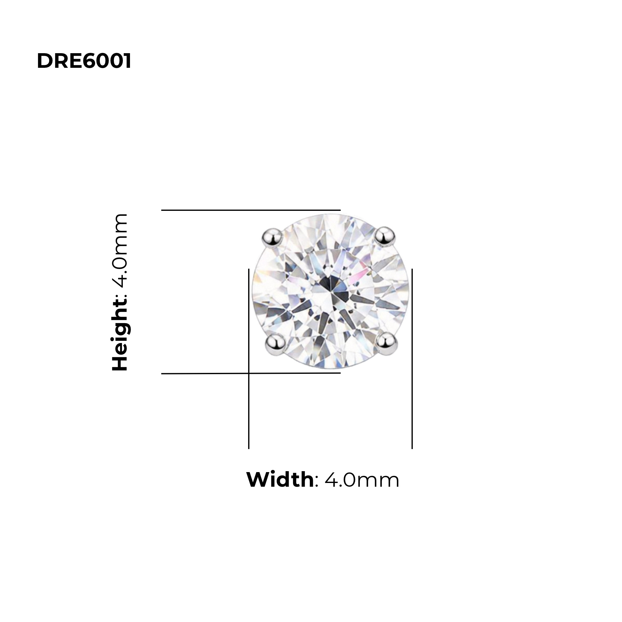 Sterling Silver Round CZ Solitaire Stud Earrings DRE6001, product dimensions shown, width 4mm, height 4mm