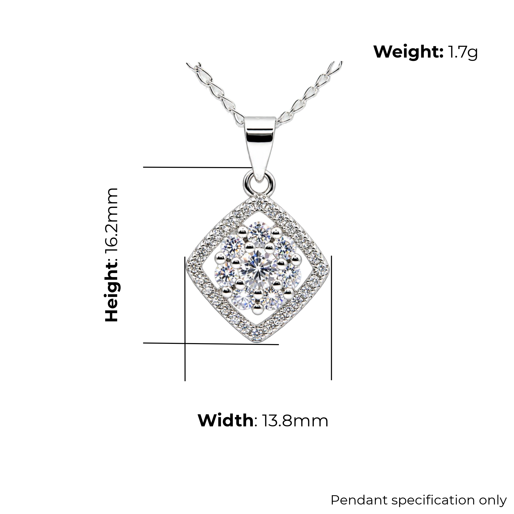 Sterling Silver CZ Cluster Pendant, product dimensions shown, width 13.8mm, height 16.2mm, weight 1.7g, pendant specification only