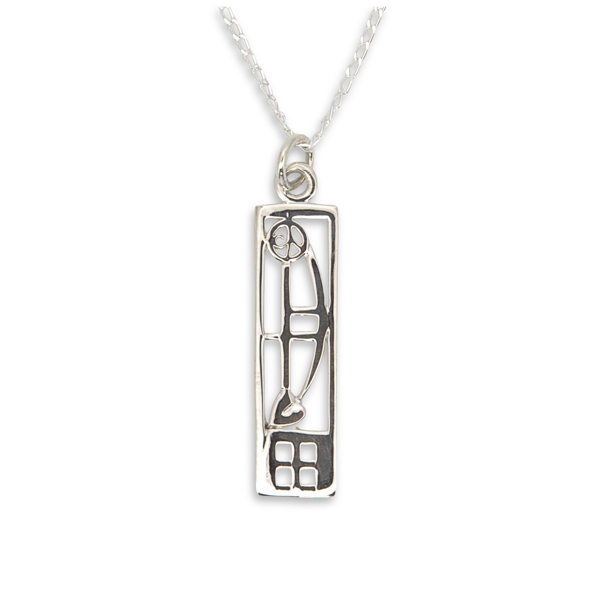 Sterling Silver Charles Rennie Mackintosh Pendant, sculpted rose, geometric grid cut-outs