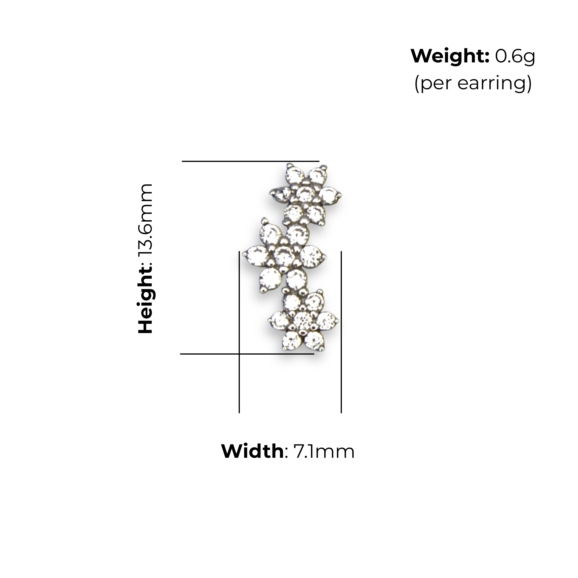 Sterling Silver Triple Flower Climber Stud Earrings, Pave-Set CZ, product dimensions shown, width 7.1mm, height 13.6mm, weight 0.6g per earring.
