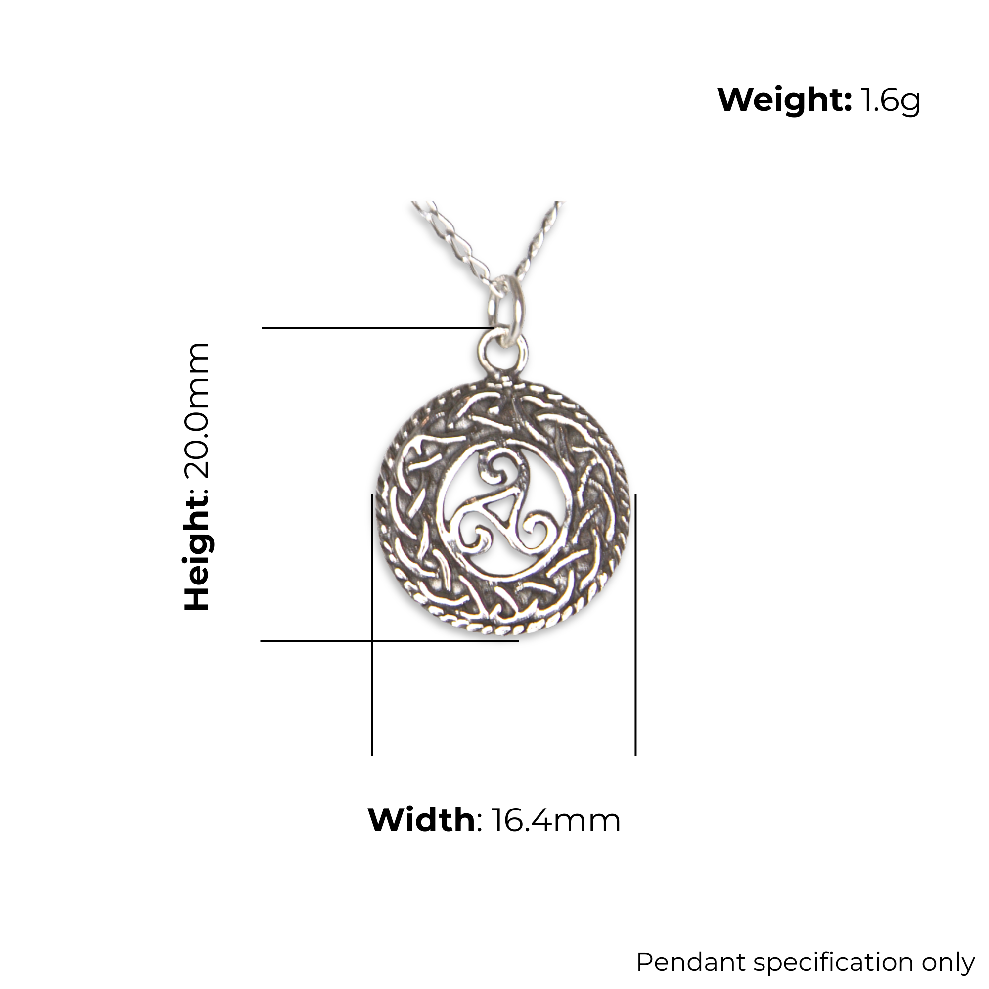 Sterling Silver Celtic Triskele Pendant, Knotwork Border, Roped Edge, product dimensions shown, width 16.4mm, height 20mm, weight 1.6g, pendant specification only