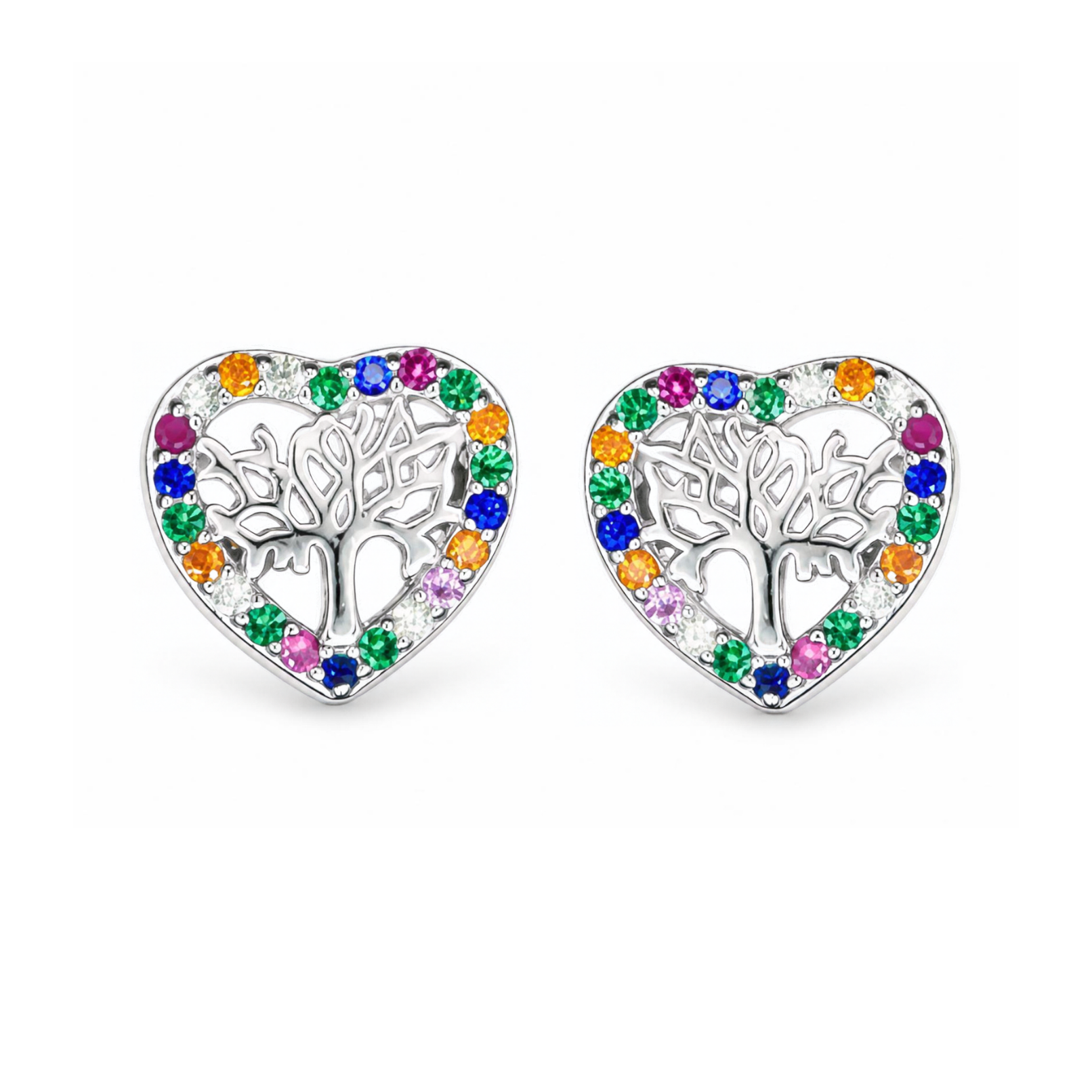Silver Donna Ricardo Multi-Colour Tree of Life Heart Stud Earrings (DRE5006)