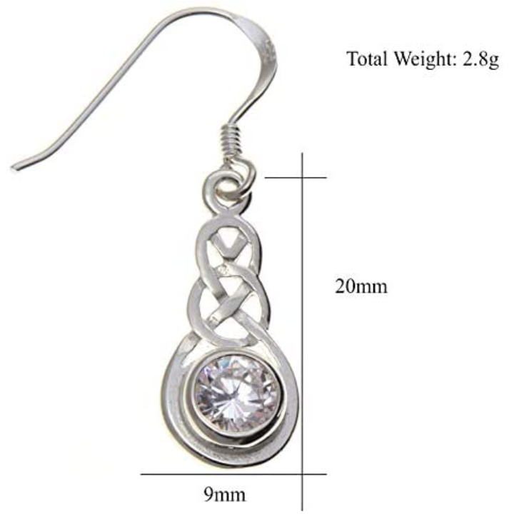Sterling Silver Celtic Knotwork Drop Earrings, round clear CZ bezel set, high mirror polish, fish hook fitting, product dimensions shown, width 9mm by height 20mm, weight (pair) 2.8g