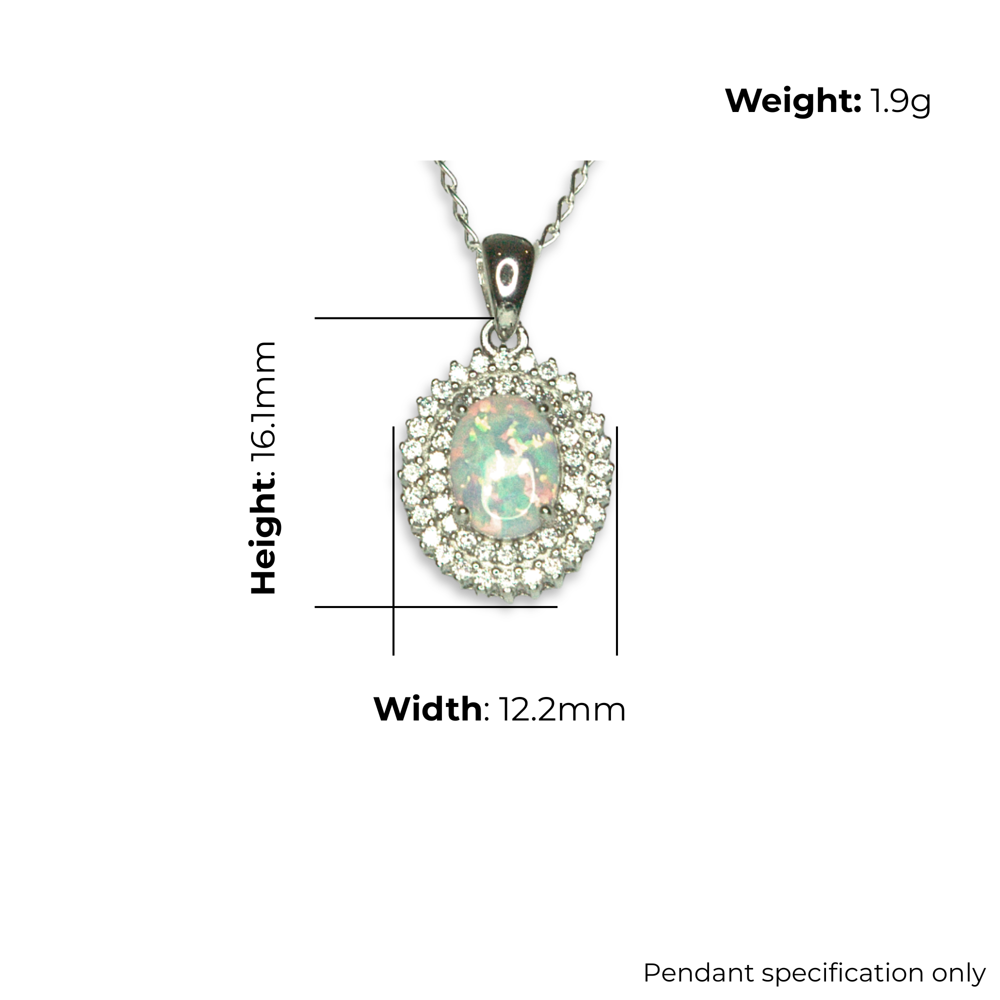 Sterling Silver Halo Pendant, Synthetic Opal Centre Stone, product dimensions shown, width 12.2mm, height 16.1mm, weight 1.9g, pendant specification only.