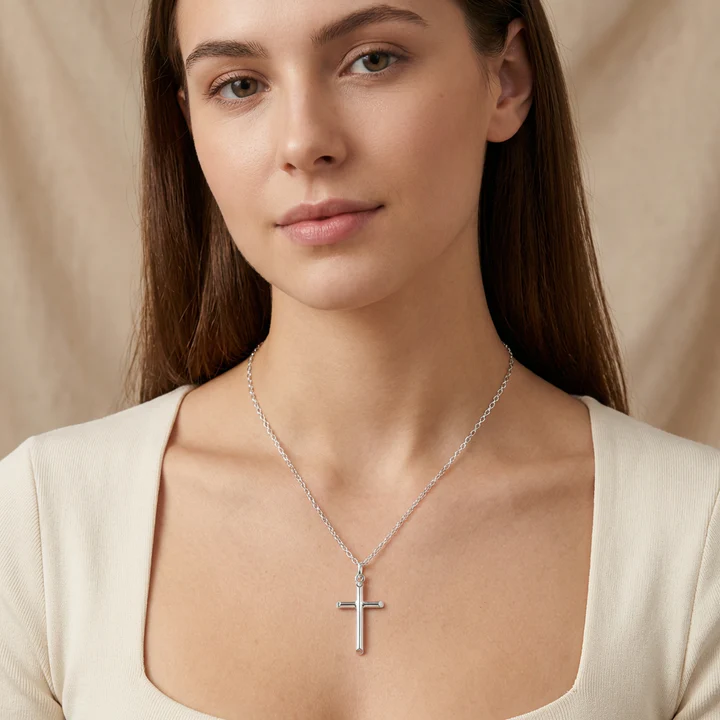 Sterling Silver plain cross pendant, round tubular arms, shown on model at neckline giving scale