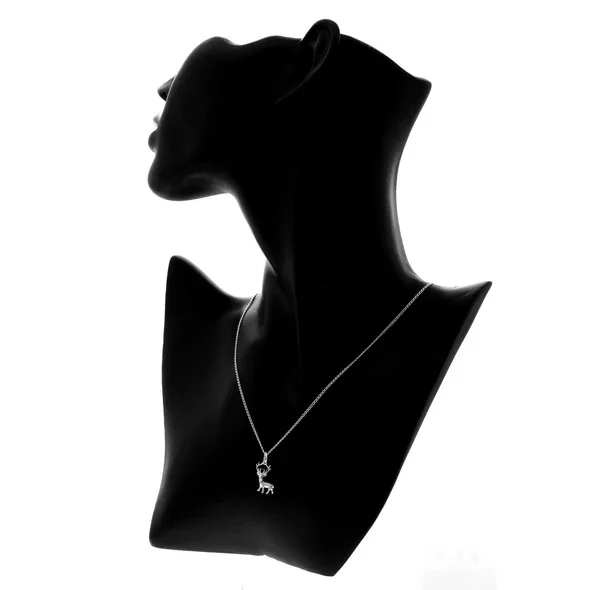Sterling Silver Scottish Stag Pendant, sculpted three-dimensional form, branching antler detail, shown on modelling bust at neckline