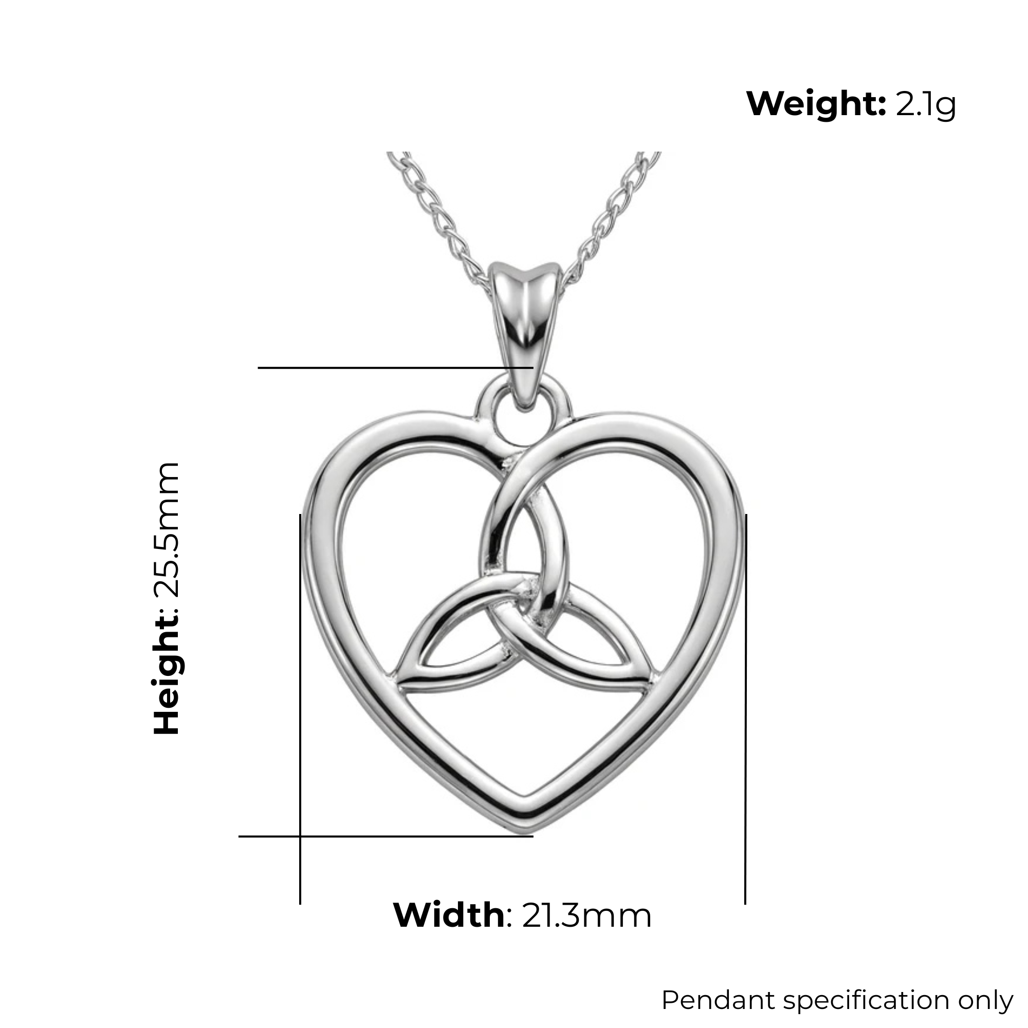 Sterling Silver Celtic Heart Trinity Knot Pendant, open heart frame, triquetra detail, product dimensions shown, width 21.3mm, height 25.5mm, weight 2.1g, pendant specification only