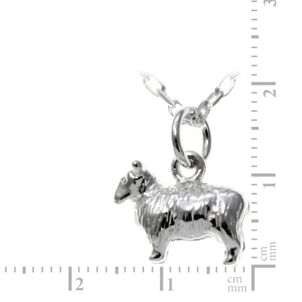 Sterling Silver Scottish Sheep Pendant, sculpted three-dimensional form, engraved fleece detail, product dimensions shown, width 14mm by height 10mm