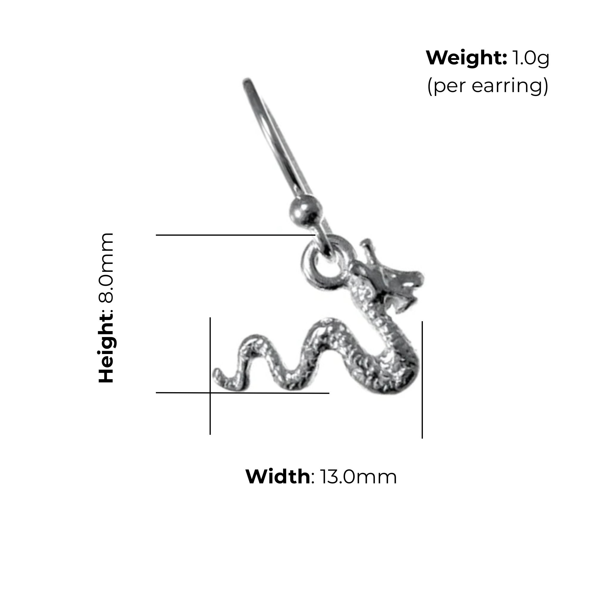 Sterling Silver Loch Ness Monster Drop Earrings, crowned design, product dimensions shown, width 13mm, height 8mm, weight 1g per earring