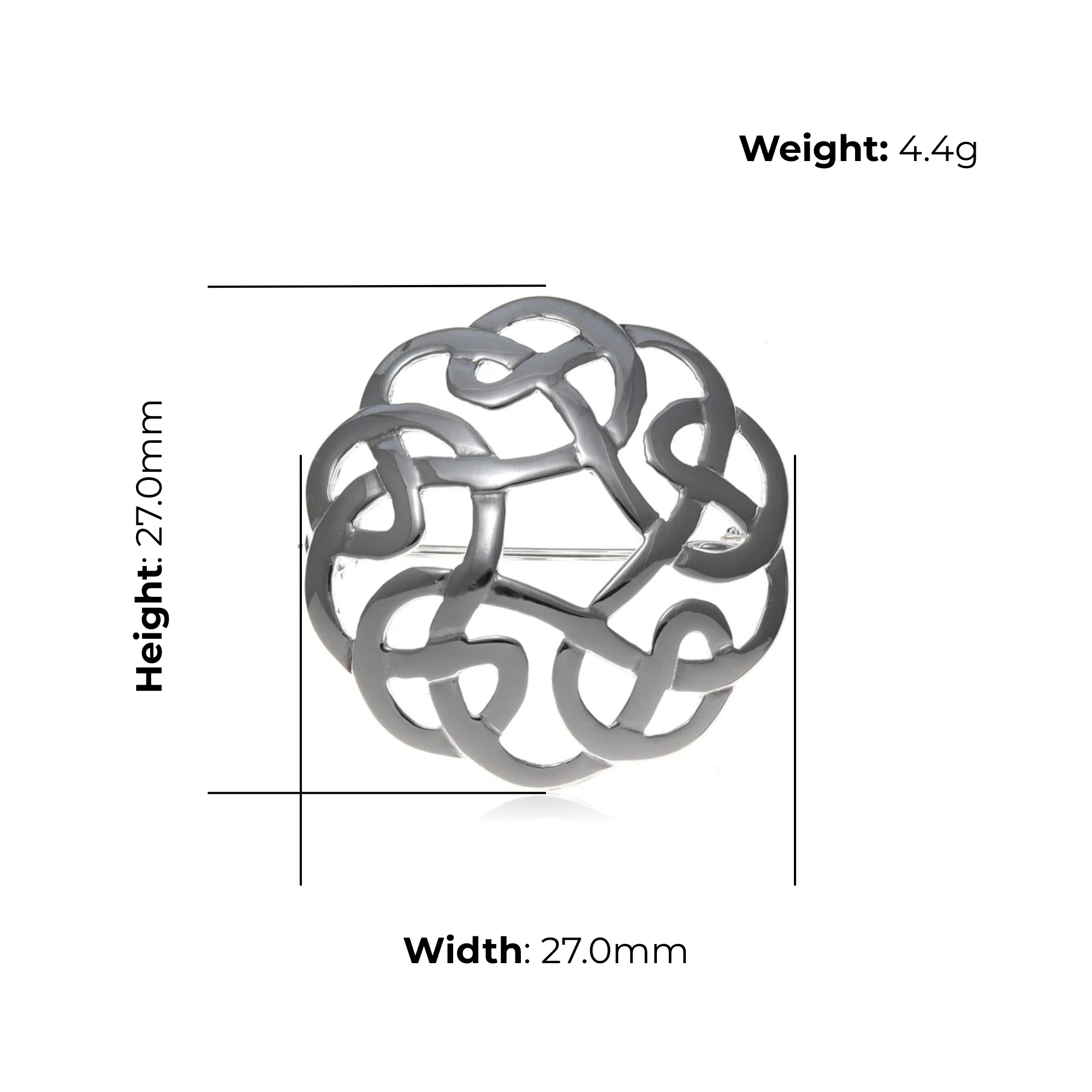 Sterling Silver Celtic Knot Brooch, dense circular interlace, product dimensions shown, width 27mm, height 27mm, weight 4.4g