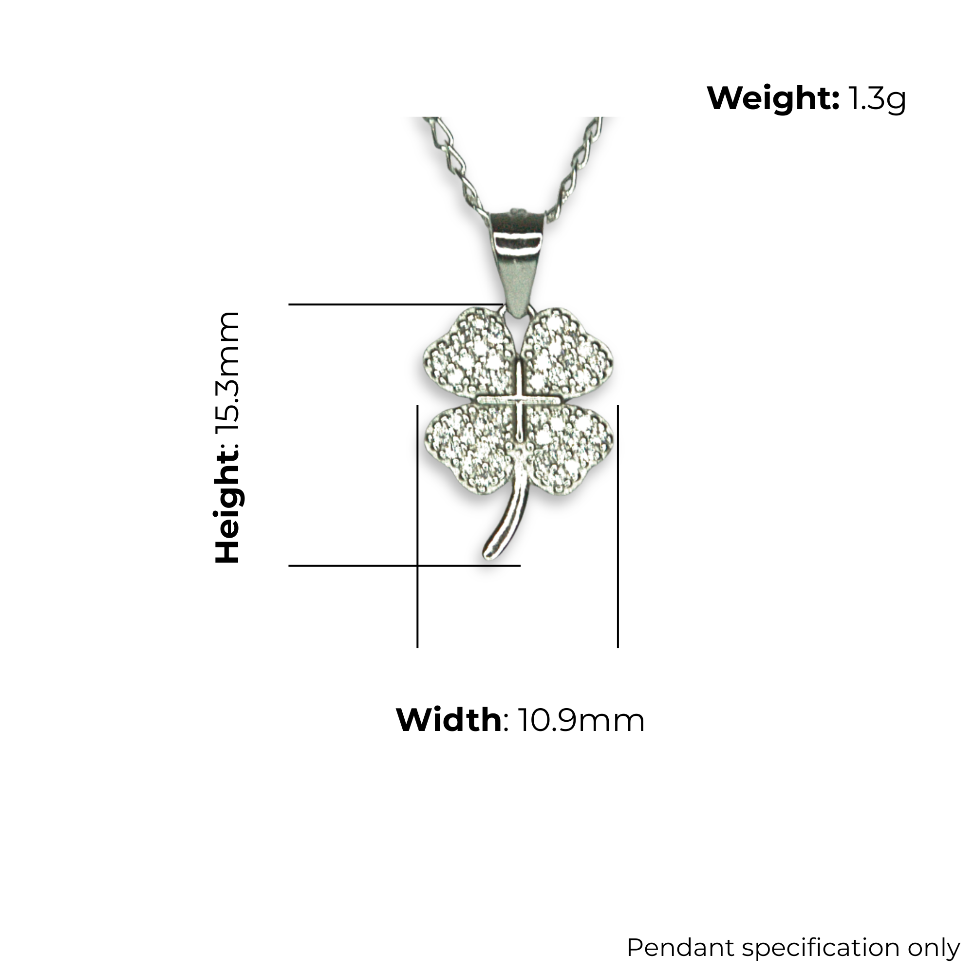 Sterling Silver Four-Leaf Clover Pendant, Pave-Set CZ Detail, product dimensions shown, width 10.9mm, height 15.3mm, weight 1.3g, pendant specification only.