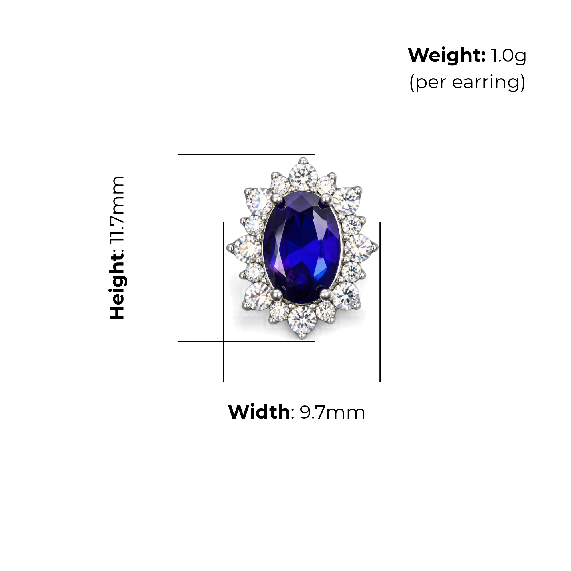 Sterling Silver Oval Halo Stud Earrings, Blue Stone, product dimensions shown, width 9.7mm, height 11.7mm, weight 1.0g per earring.