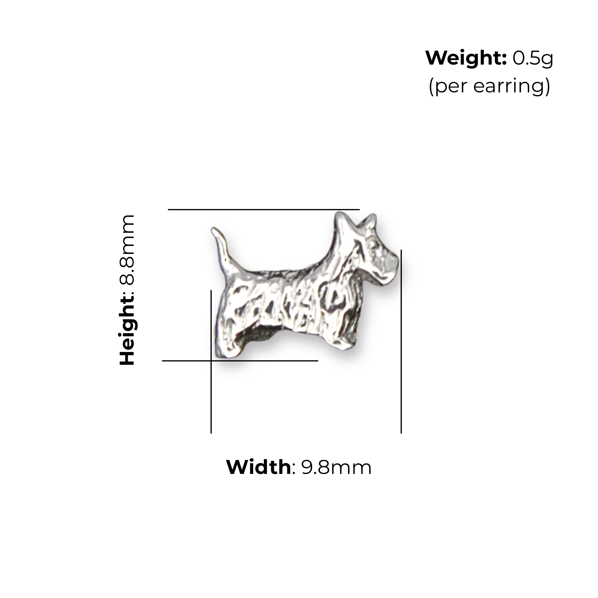 Sterling Silver Scottie Dog Stud Earrings, Standing Pose, product dimensions shown, width 9.8mm, height 8.8mm, weight 0.5g per earring.