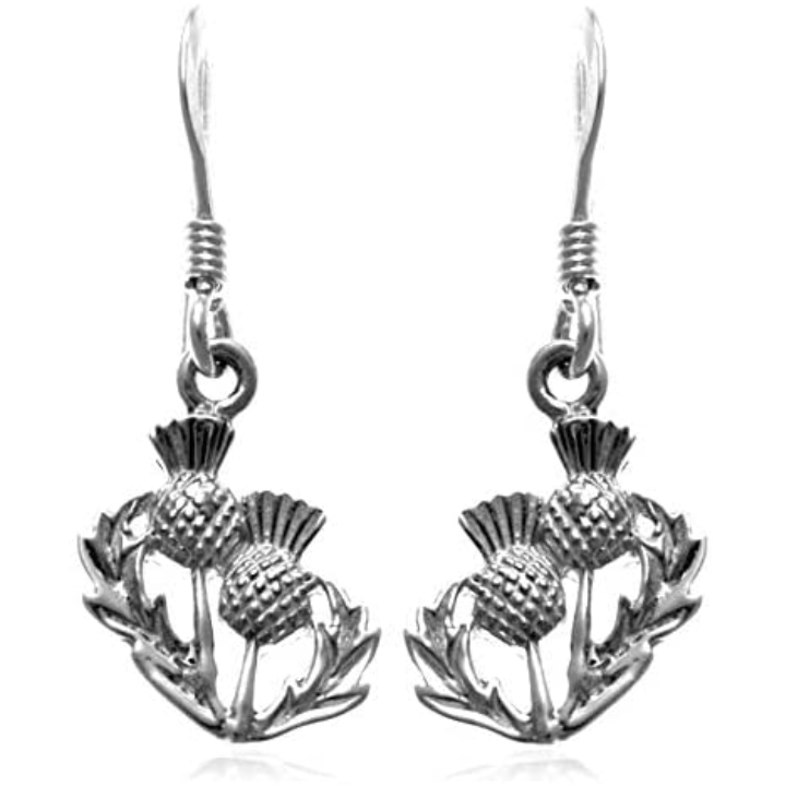 Sterling Silver Scottish Thistle Drop Earrings, oxidised finish, feathered head, open leaf design, 12mm x 10mm, fish hook fitting.