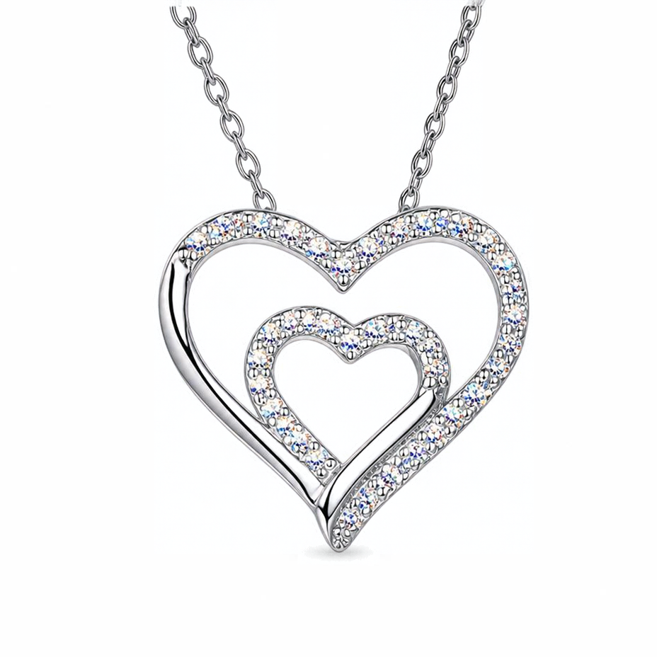 Sterling Silver Double Heart Pendant with CZ