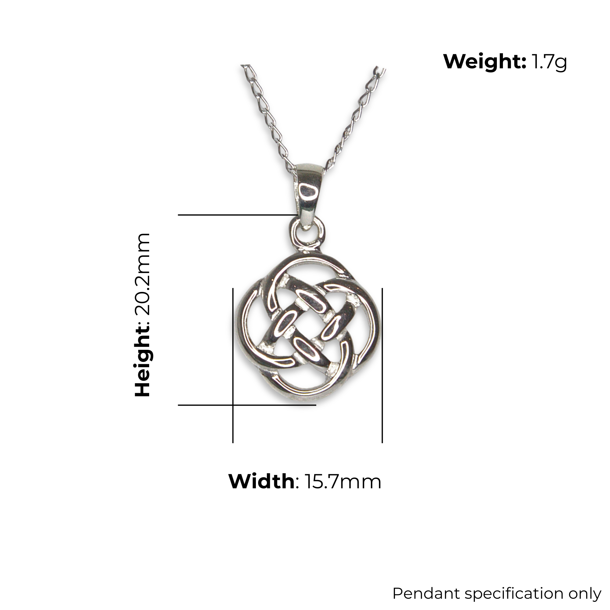 Sterling Silver Celtic Open Knotwork Round Pendant, continuous interlaced design, high mirror polish, product dimensions shown, width 15.7mm, weight 20.2mm, weight 1.7g, pendant specification only