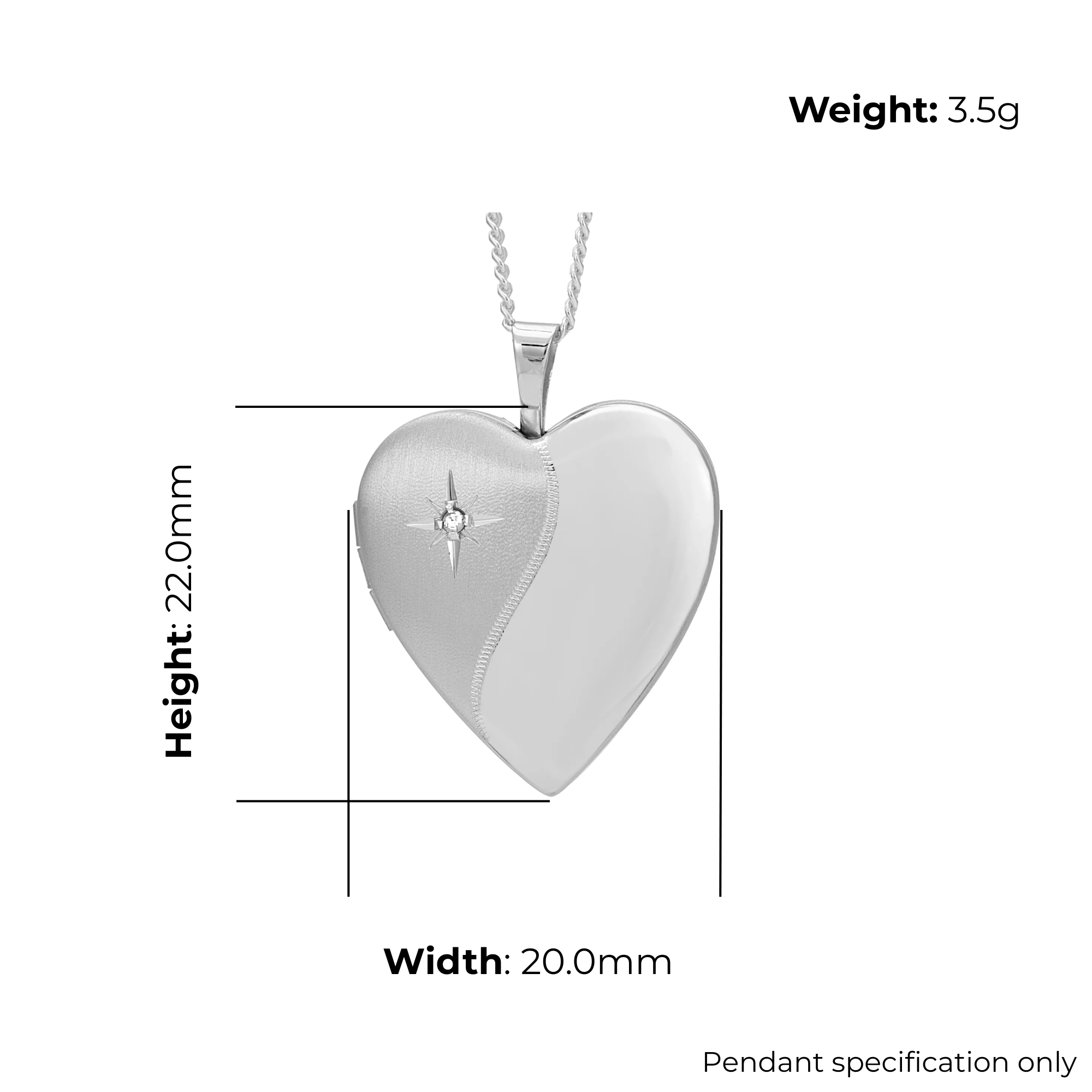 Sterling Silver Heart Locket, star-set diamond, dual finish, product dimensions shown, width 20mm, height 22mm, weight 3.5g, pendant specification only