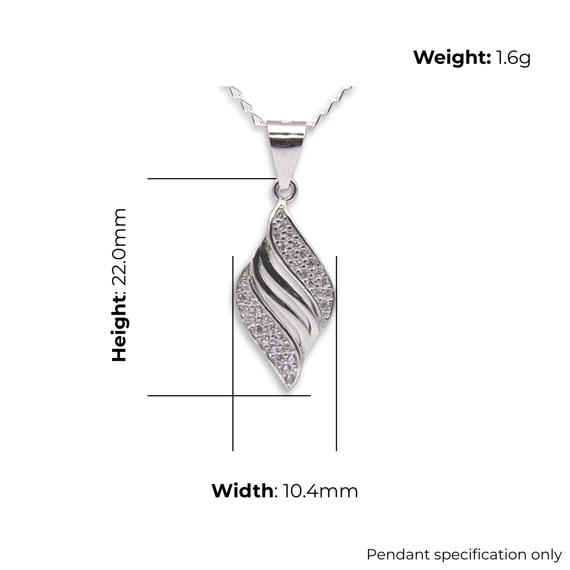 Sterling Silver Swirling Leaf CZ Pendant, product dimensions shown, width 10.4mm, height 22mm, weight 1.6g pendant specification only