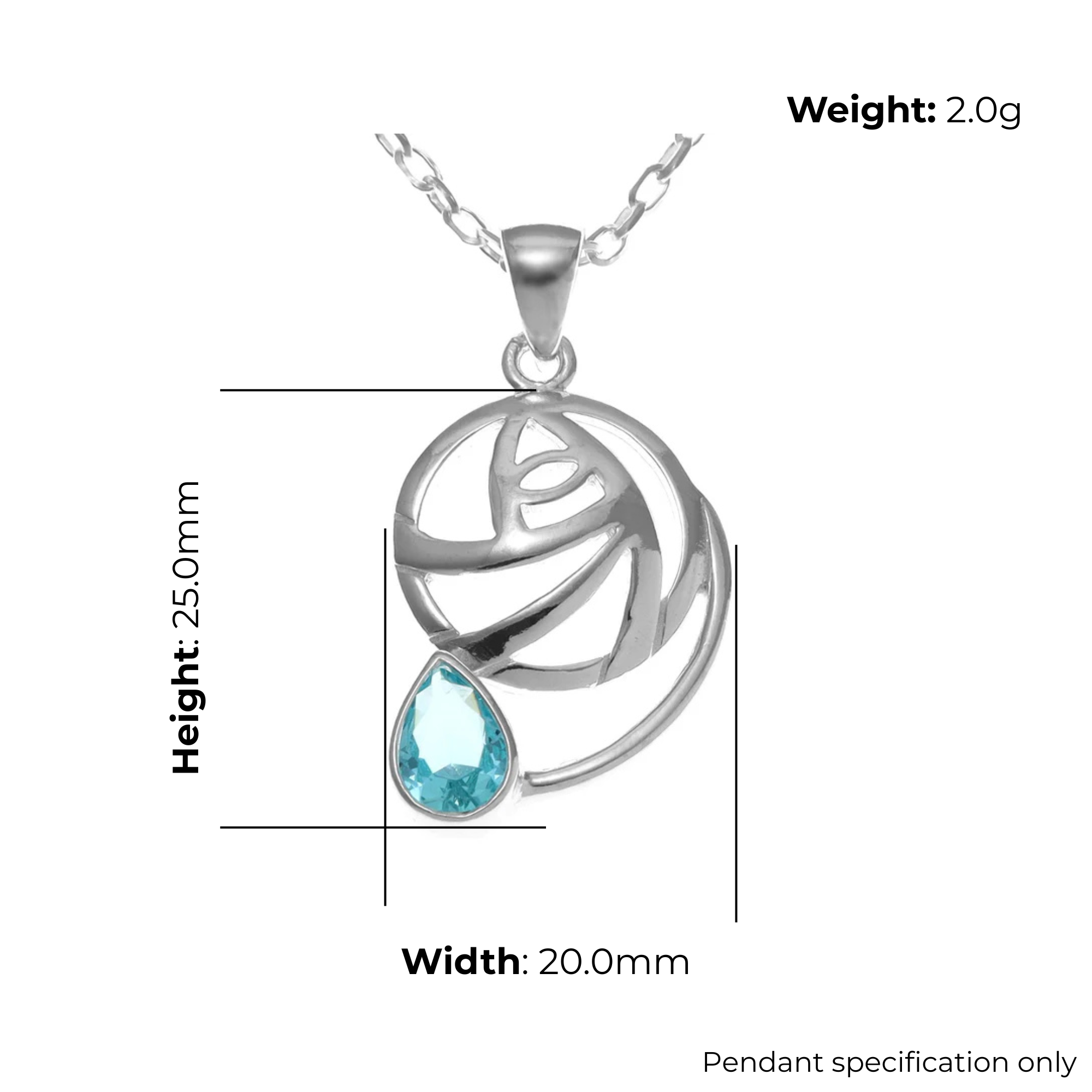 Sterling Silver Charles Rennie Mackintosh Circle Pendant, abstract rose design, product dimensions shown, width 20mm, height 25mm, weight 2g, pendant specification only