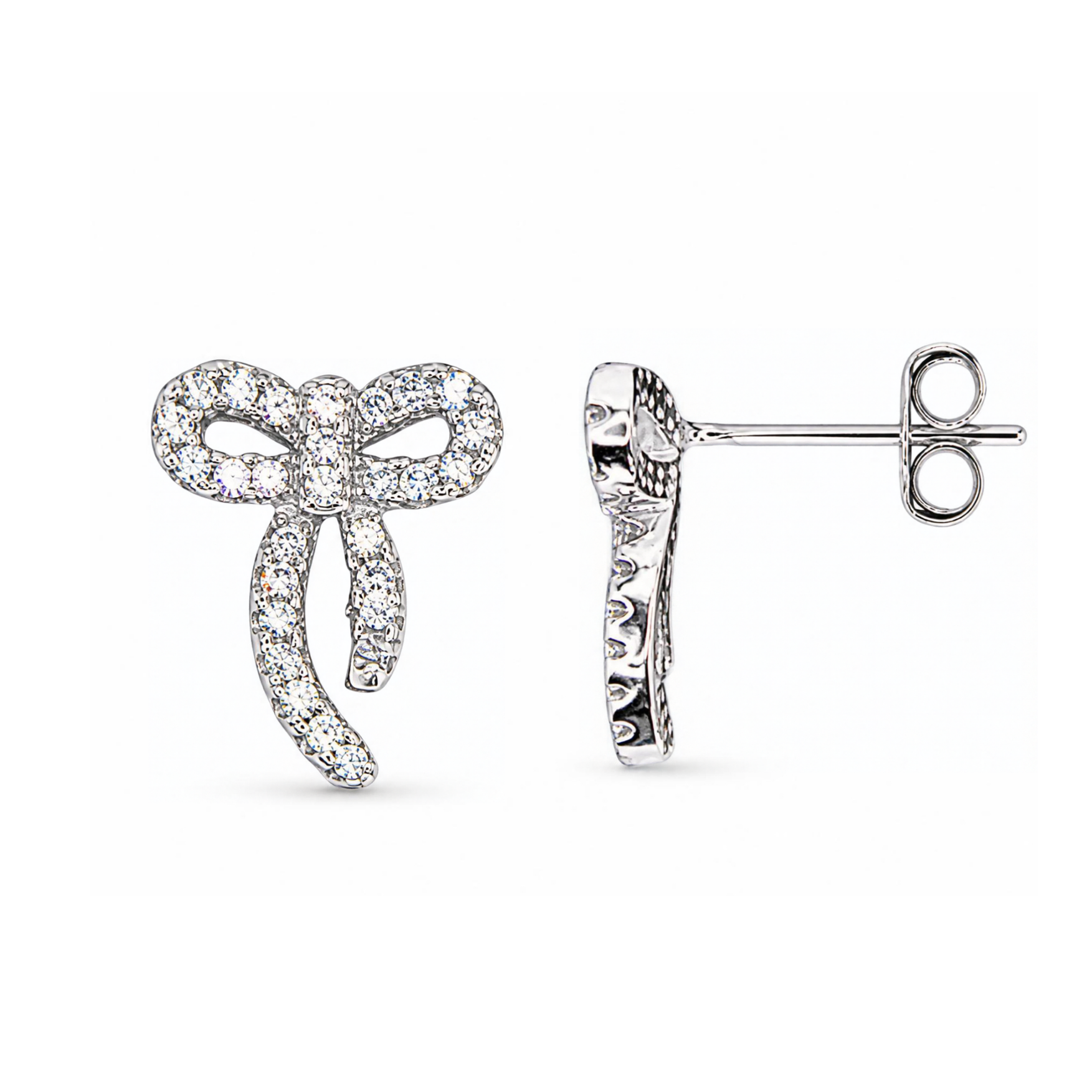 Sterling Silver Bow Stud Earrings, Pave-Set CZ