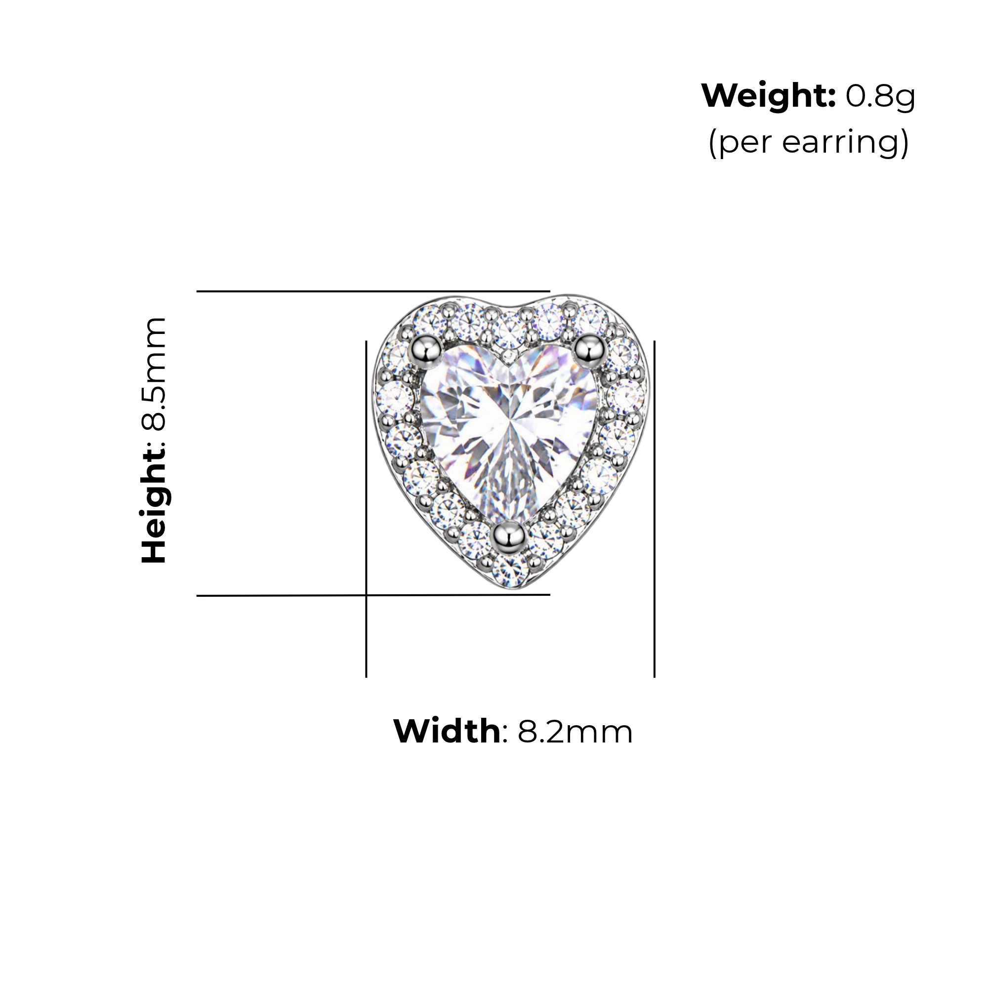 Sterling Silver Heart Halo Stud Earrings, CZ, product dimensions shown, width 8.2mm, height 8.5mm, weight 0.8g per earring.