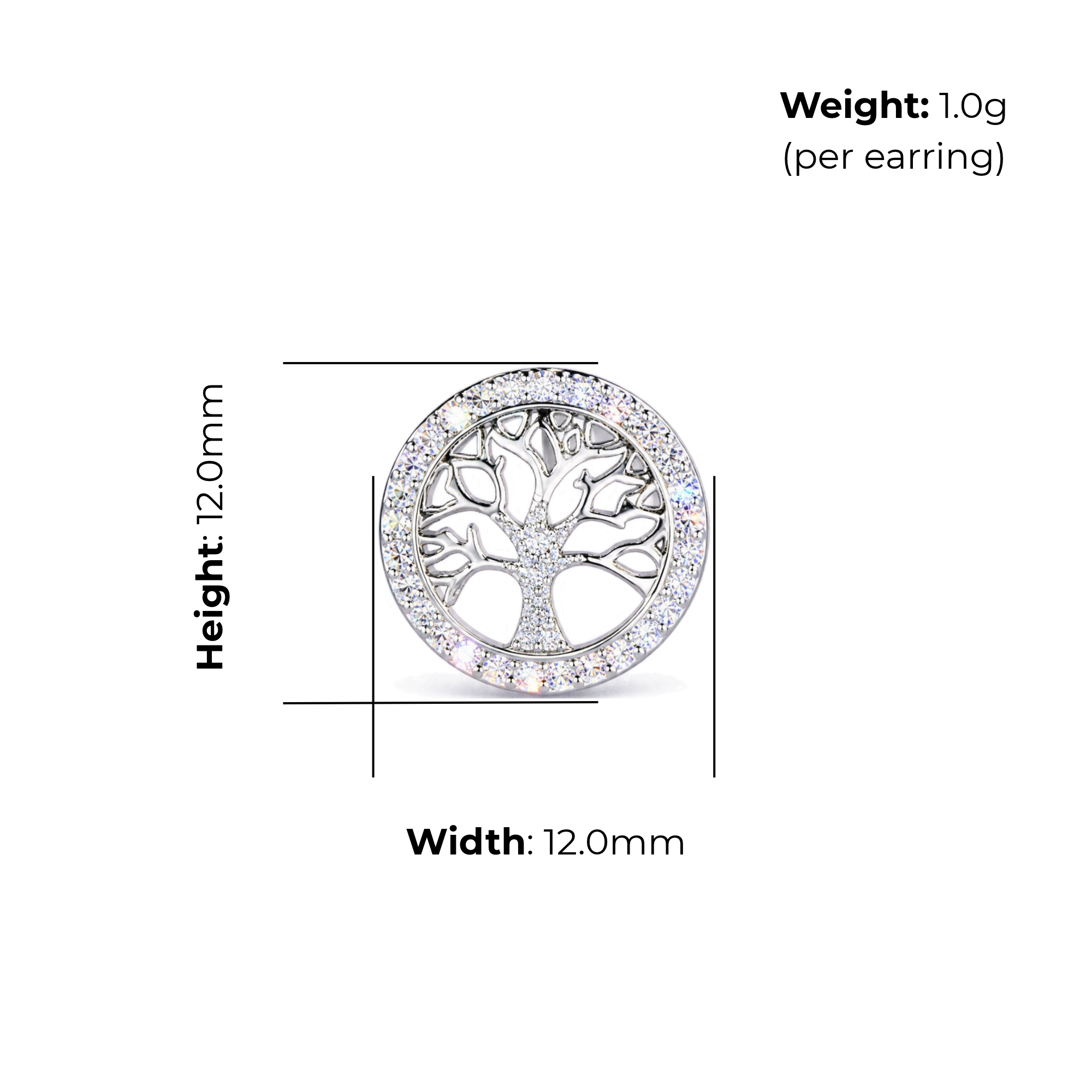 Sterling Silver Tree of Life Stud Earrings, Leaf Branch Design with CZ Border, product dimensions shown, width 12.0mm, height 12.0mm, weight 1.0g per earring.