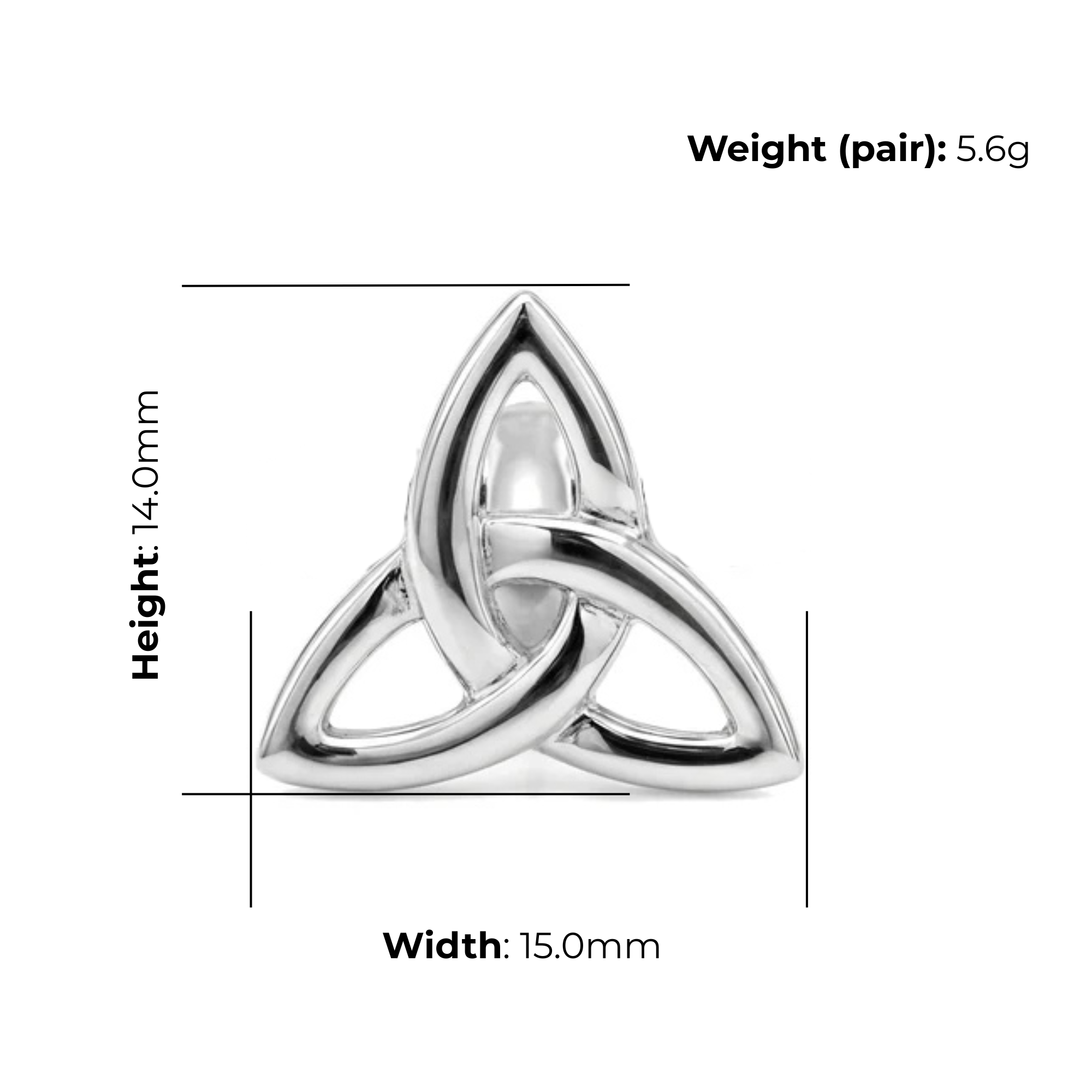 Sterling Silver Trinity Knot Cufflinks, open triquetra design, product dimensions shown, width 15mm, height 14mm, weight (pair) 5.6g