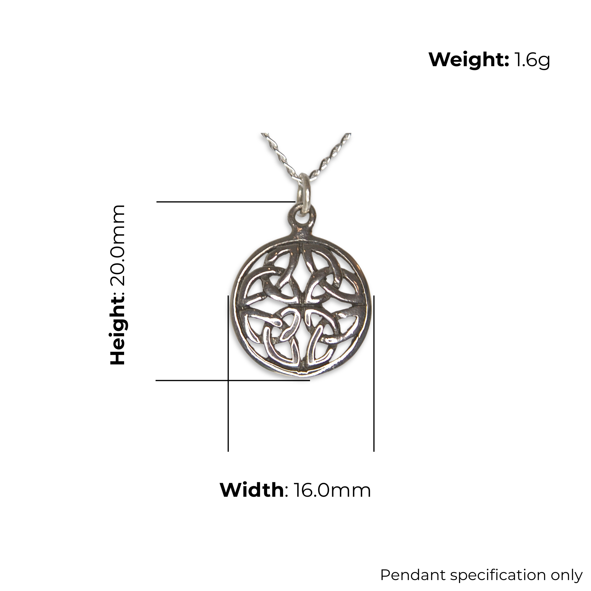 Sterling Silver Celtic Knot Circle Pendant, Four-Quadrant Knotwork Design, product dimensions shown, width 16mm, height 20mm, weight 1.6g, pendant specification only.
