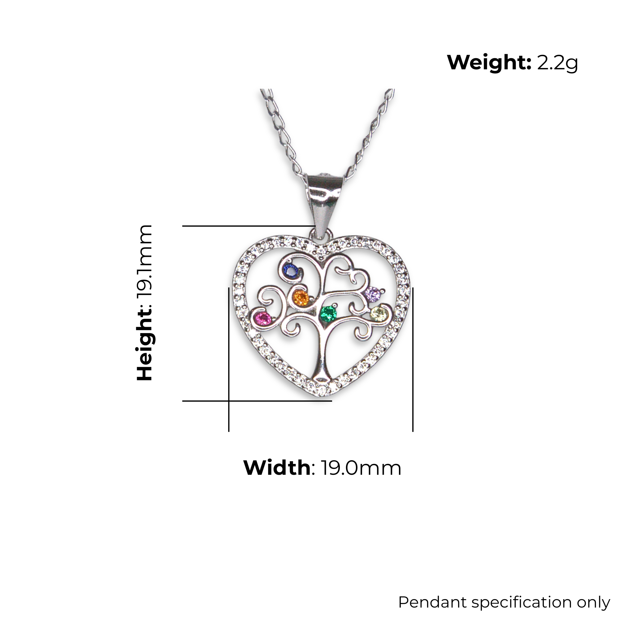 Sterling Silver Tree of Life Heart Pendant, Multi-Colour CZ Detail, product dimensions shown, width 19.0mm, height 19.1mm, weight 2.2g, pendant specification only.