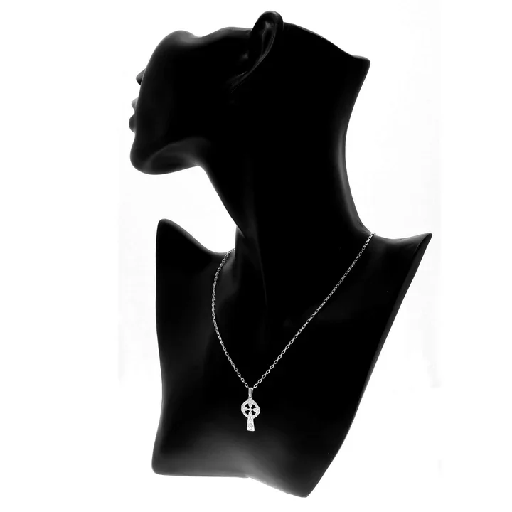 Sterling Silver petite Celtic cross pendant, shown on jewellery bust