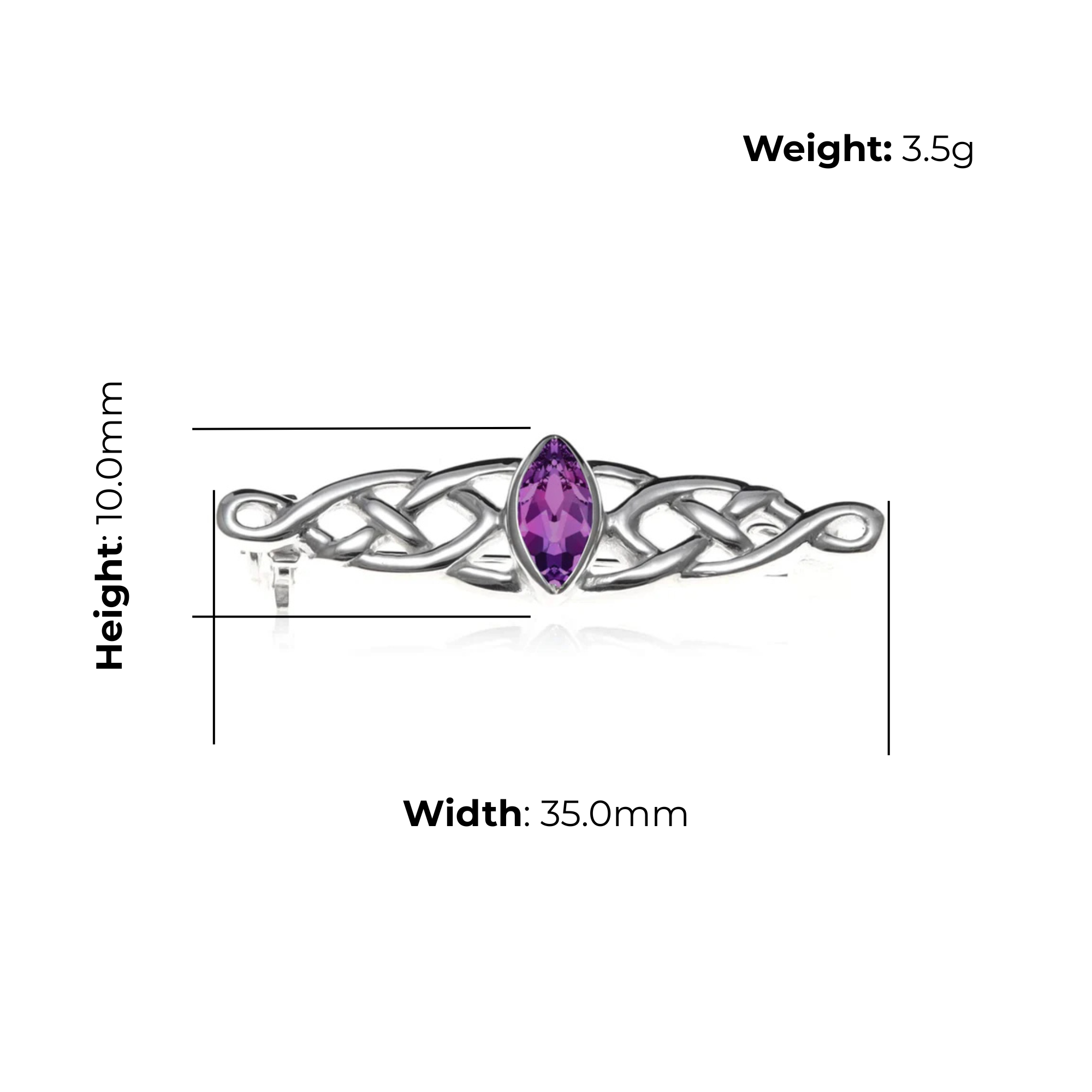 Sterling Silver Celtic Plaitwork Navette Brooch, marquise purple cubic zirconia, product dimensions shown, width 35mm, height 10mm, width 3.5g