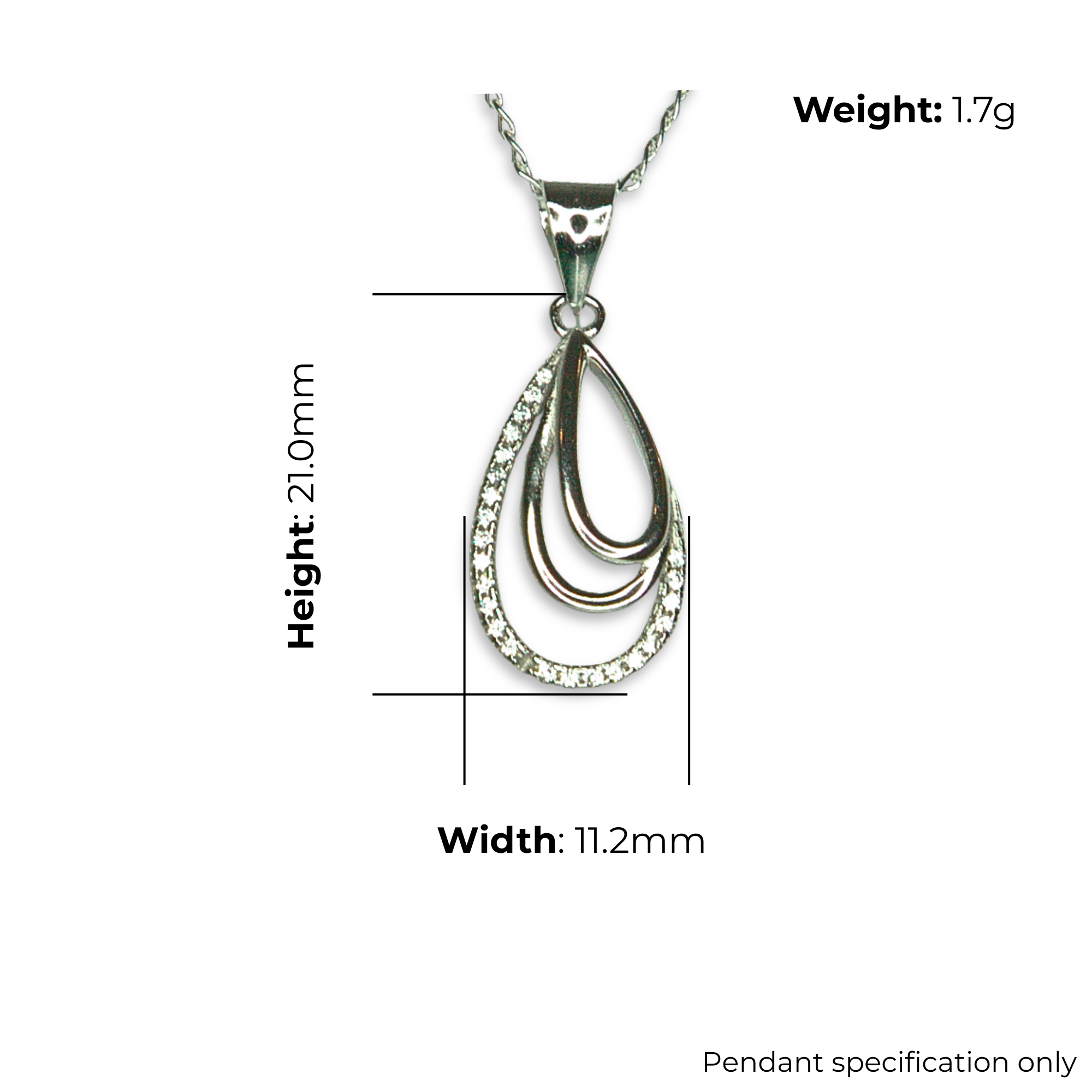 Sterling Silver Open Teardrop Pendant, Pave-Set CZ Trim, product dimensions shown, width 11.2mm, height 21.0mm, weight 1.7g, pendant specification only.