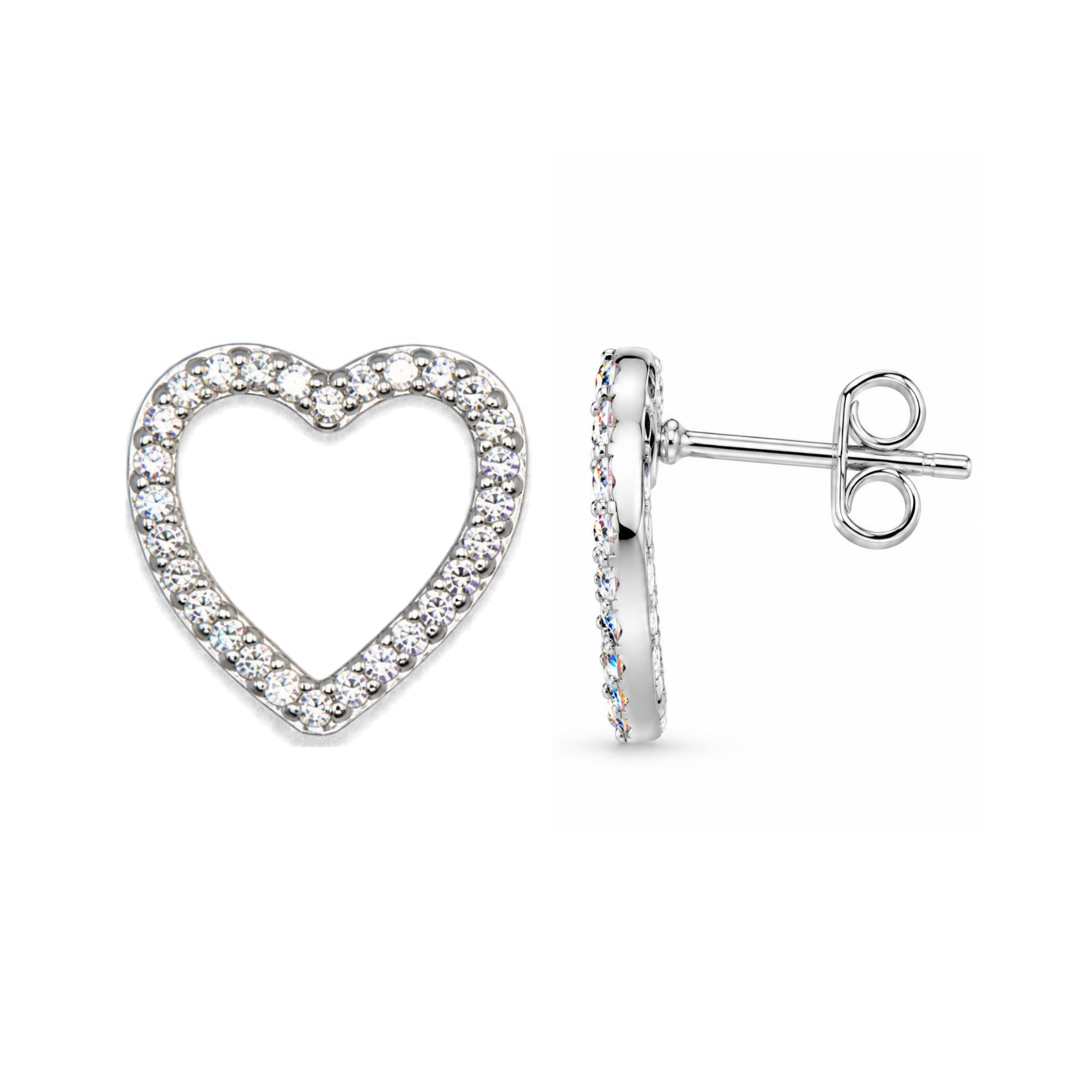Sterling Silver Open Heart Stud Earrings, Pave-Set CZ