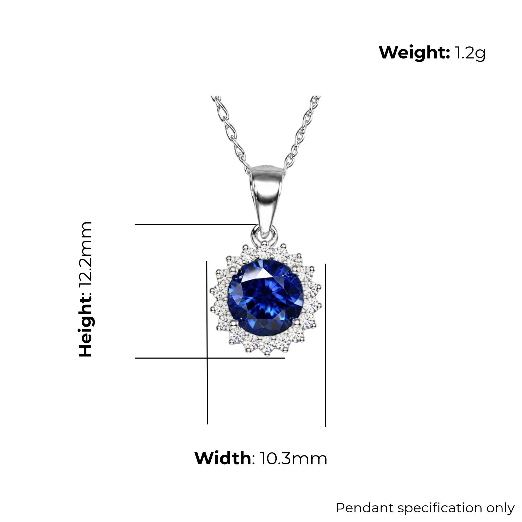 Sterling Silver Halo Pendant, Blue Centre Stone, product dimensions shown, width 10.3mm, height 12.2mm, weight 1.2g, pendant specification only.