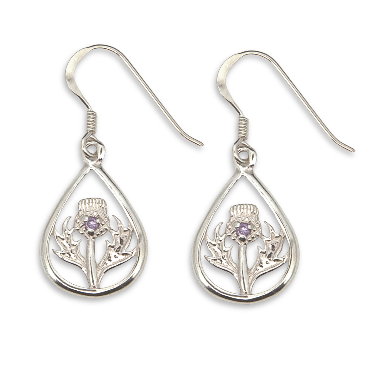 Sterling Silver Scottish Thistle Drop Earrings, purple stone, teardrop frame
