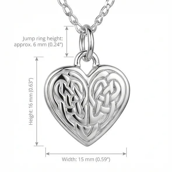 Sterling Silver Celtic Heart Knotwork Pendant, mirrored interlaced interior, high mirror polish, product dimensions shown, width 15mm by height 16mm, jump ring height 6mm