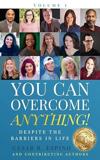 Book cover titled "You Can Overcome Anything!" with photos of diverse individuals and a gold badge indicating a bestseller.
