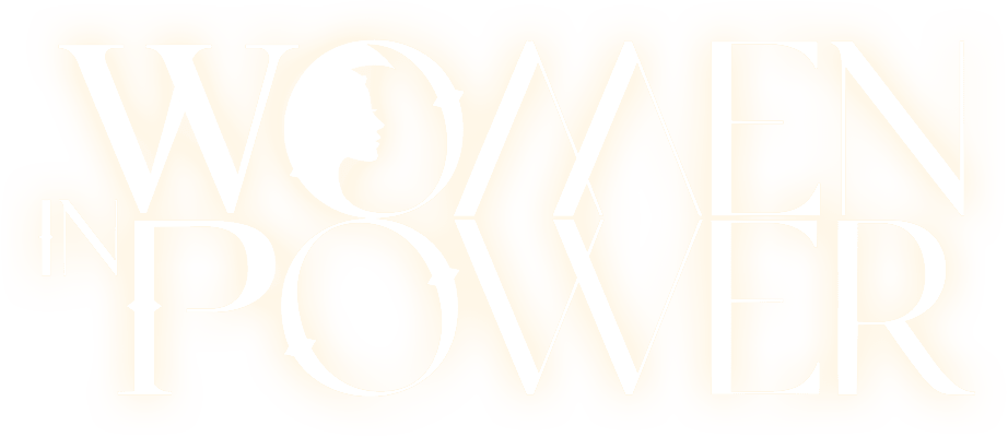 Text reading 'Women in Power' with a woman's silhouette inside the letter 'O'.