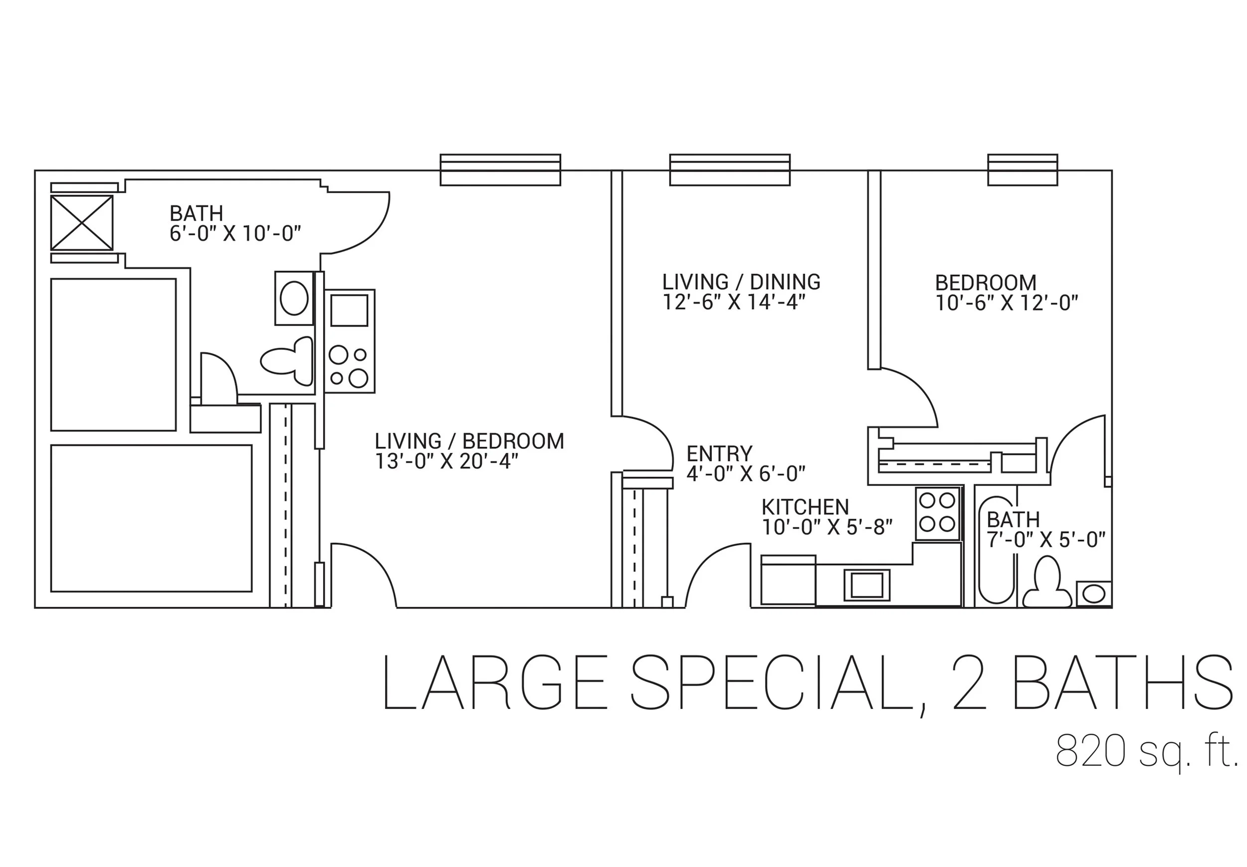 Floor plan of a large two-bedroom, two-bath apartment with measurements, including two bathrooms, a kitchen, a living/dining area, and an entryway.