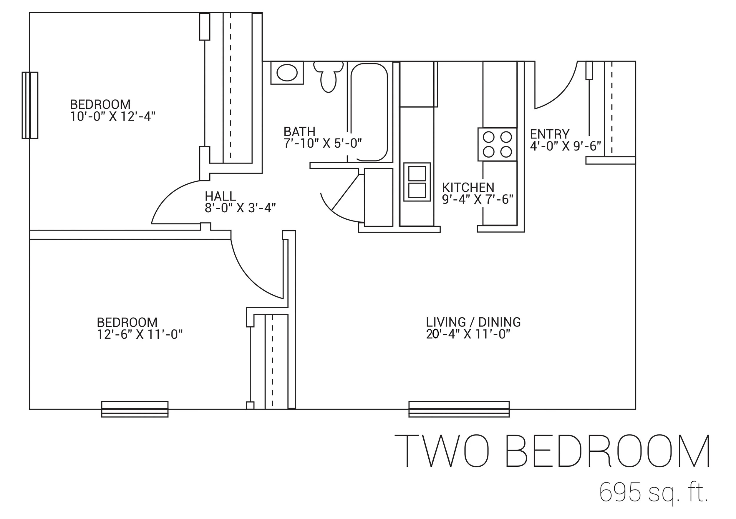 Floor plan of a two-bedroom apartment with dimensions. It includes an entryway, living/dining area, kitchen, bathroom, two bedrooms, and a hall connecting the rooms. Total area is 695 square feet.