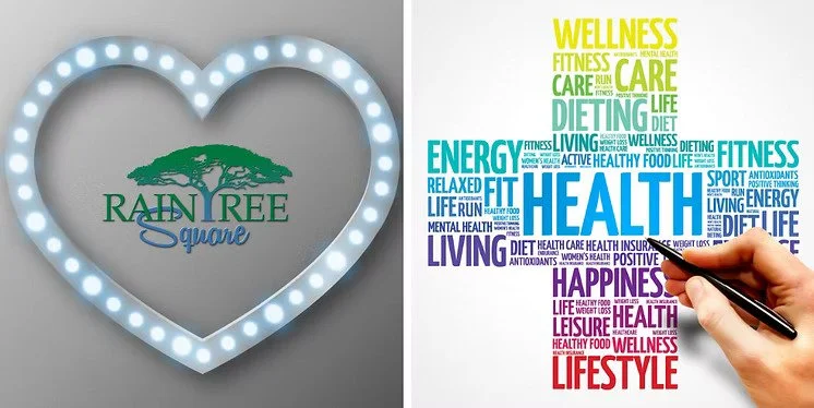 A glowing heart-shaped frame on the left with the RainTree Square logo inside, and on the right, a colorful word cloud related to health and wellness with a hand pointing at the word "HAPPY".